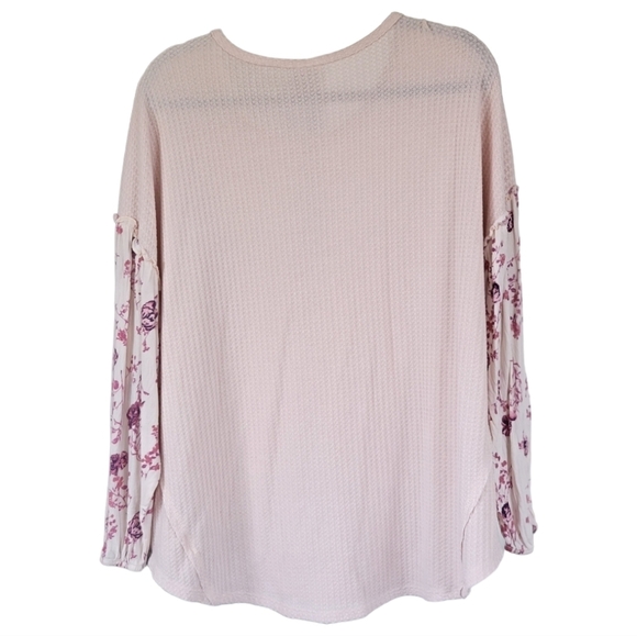 Knox Rose || Waffle Knit Thermal Balloon Sleeve Boho Top Blush Pink Sz XXL - Picture 4 of 10